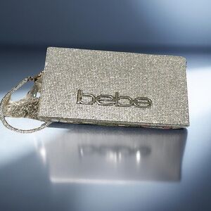 Bebe silver,rhinestone style Rectangular hard case clutch,wrist,crossbody strap